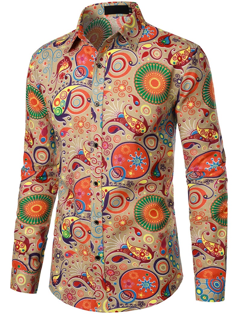 PARKLEES Men's Linen 70s Hippie Traditional Style Pattern Printed Long Sleeve Button up Shirt Khaki Large - Image 2