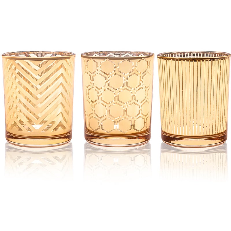Toptime Tea Light Candle Holders Gold Votive Candle Holder Set of 3 Glass Tealight Holders with Stripe Honeycomb Wavy Lines Pattern Romantic Table Centrepiece for Wedding Party Home Decor