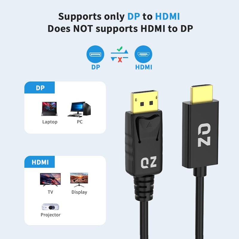 QZ Displayport to HDMI Cable, DP to HDMI Cable, Unidirectional, DisplayPort 1.4, HDMI2.0, 4K 60Hz, Black, 1.8 Meter - Image 4