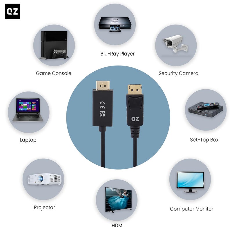 QZ Displayport to HDMI Cable, DP to HDMI Cable, Unidirectional, DisplayPort 1.4, HDMI2.0, 4K 60Hz, Black, 1.8 Meter - Image 3