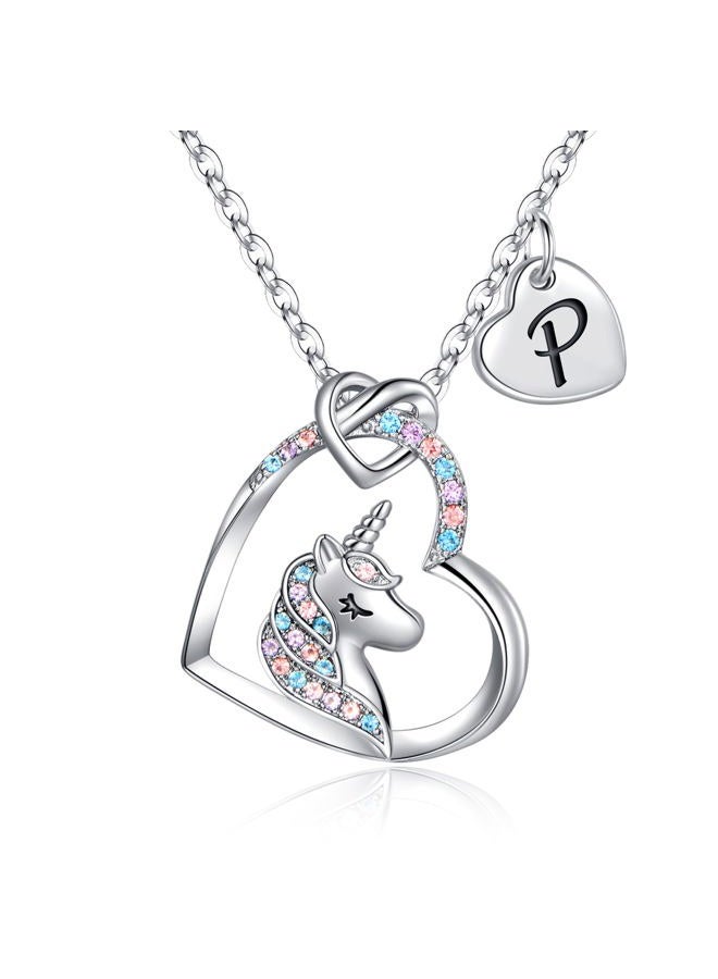 Hidepoo Unicorn Necklace Gifts for Girls, 14K White Gold Plated Initial P Heart Pendant CZ Unicorn Necklace Unicorns Gifts for Girls Christmas Birthday Girls Gifts Unicorns Gifts for Girls Age 6-8 - Image 1