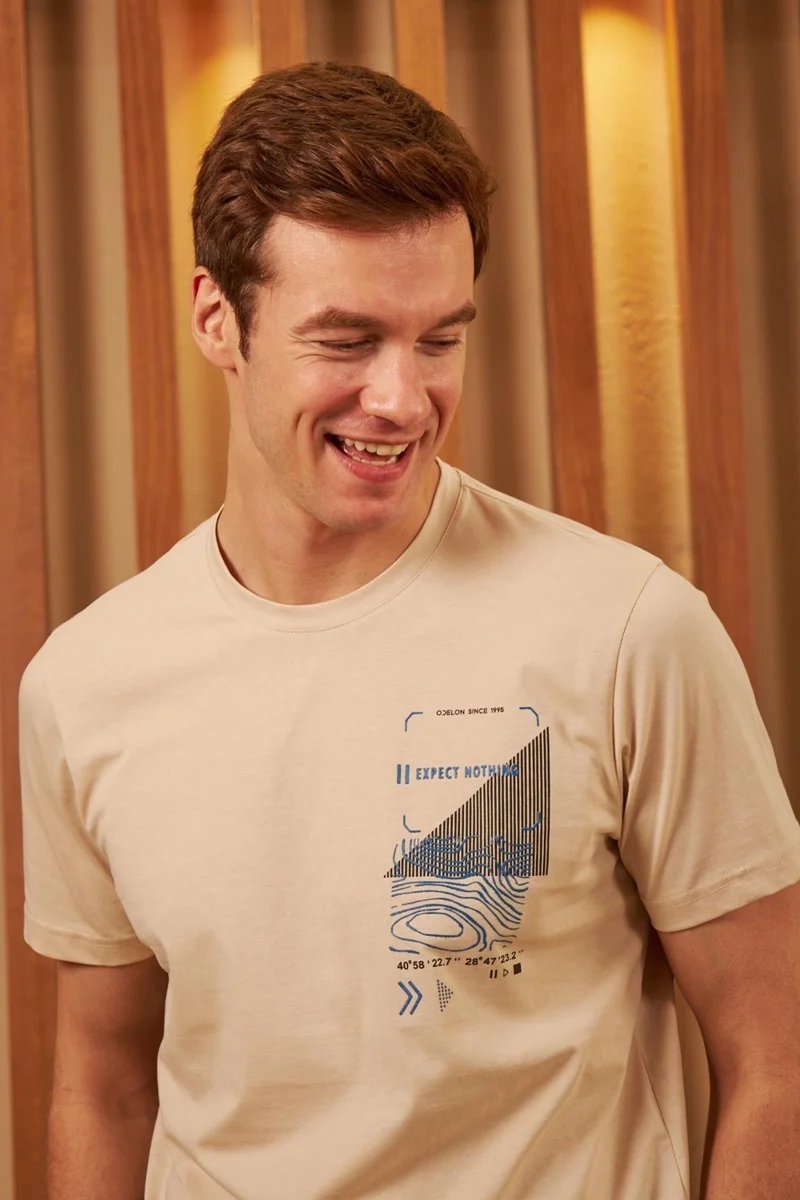 Odelon Men's Comfort Fit Printed Cotton T-Shirt Beige MARS16
