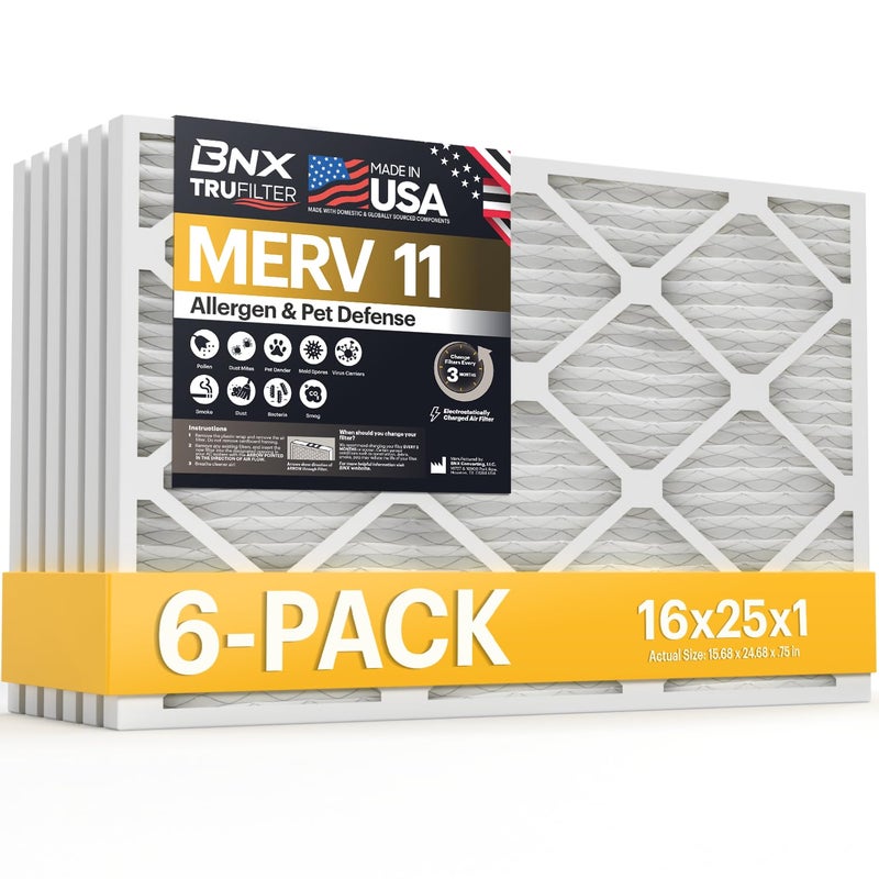 BNX TruFilter 16x25x1 Air Filter MERV 11 (6-Pack) - MADE IN USA - Allergen Defense Electrostatic Pleated Air Conditioner HVAC AC Furnace Filters for Allergies, Dust, Pet, Smoke, Allergy MPR 1200 FPR 7 - Image 1