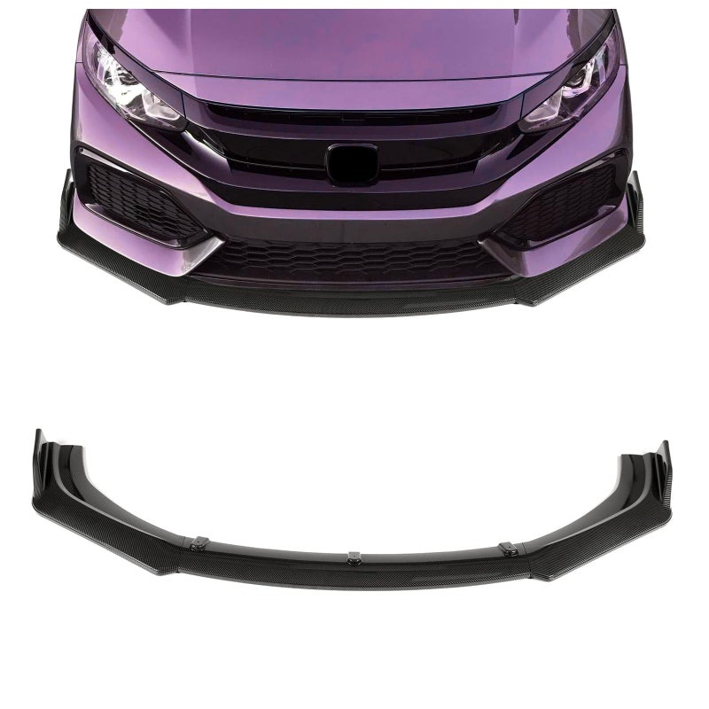 Kojem 3Pcs Front Bumper Lip Compatible with 2016-2021 Honda Civic 10th 4DR Sedan Under Chin Spoiler Plastic (Carbon Fiber Style) - Image 1