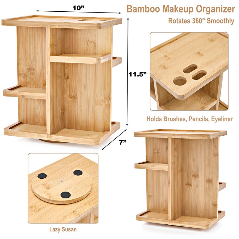 Sorbus 360Â° Makeup Organizer - Bamboo Wood Make Up Storage Carousel for Cosmetics, Skin Care Rotating Makeup Organizer for Vanity, Bathroom Storage - Image 3