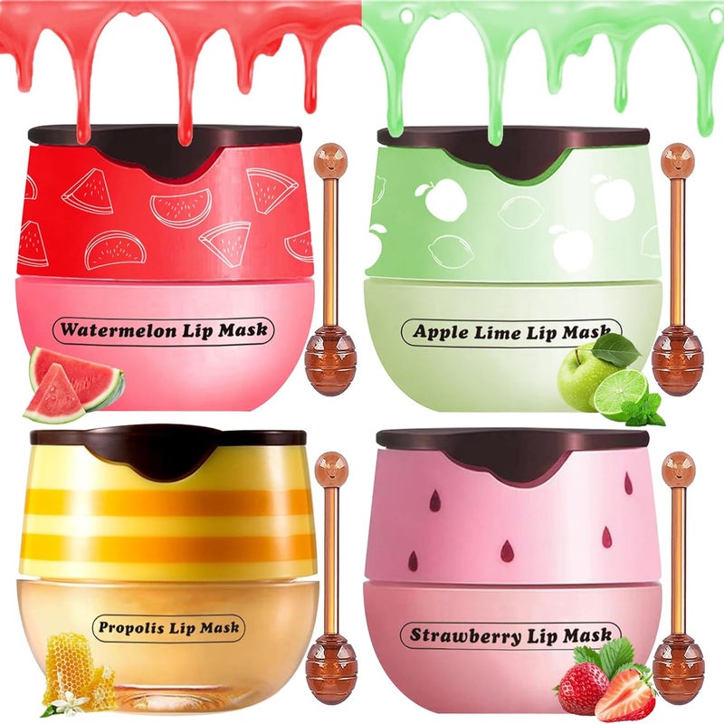 Loobexery Honey Lip Balm Pot 4 Pcs Honey  Strawberry  Apple Lime  Watermelon Lip Mask Propolis Lip Mask Moisturizing Hydrating Prevention Dry and Cracked Lip Scrubs Exfoliator