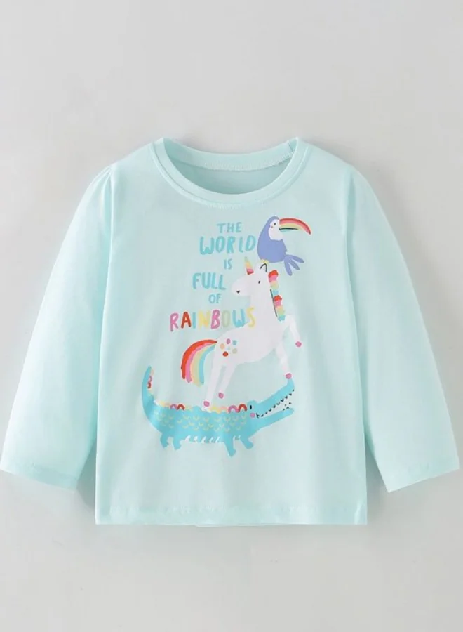 يونيكي Turquoise Blue Printed Long Sleeve Crew Neck T-Shirt