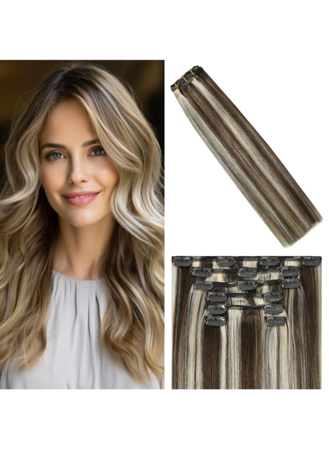 WindTouch Clip in Hair Extensions Real Human Hair Balayage Medium Brown to Blonde Hair Extensions Brown 7pc 20inch Thicher - Image 2