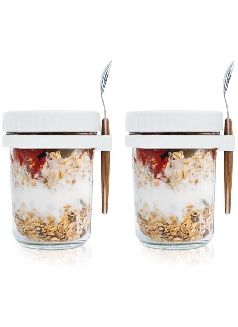 Arabest - 2PCS Overnight Oats Jars with Lid and Spoon,  350ml Large Capacity Airtight Oatmeal Container with Measurement Marks, Portable Jars Breakfast Container for Salads Yogurt Cereal Milk White - Image 1