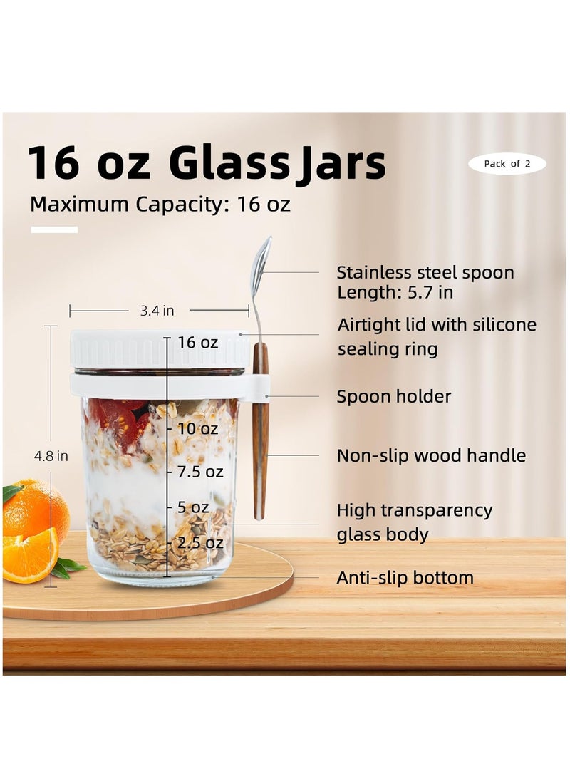 Arabest - 2PCS Overnight Oats Jars with Lid and Spoon,  350ml Large Capacity Airtight Oatmeal Container with Measurement Marks, Portable Jars Breakfast Container for Salads Yogurt Cereal Milk White - Image 1
