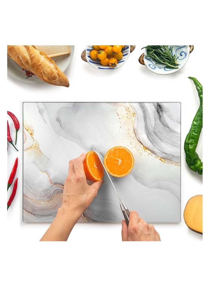 Kitchenville لوح تقطيع زجاجي من كيتشنفيل، مقاس 40 × 30 سم: حامل أطباق زجاجي للمطبخ - رف زجاجي متين وصحي - مقاوم للخدش والحرارة وسهل التنظيف - أبيض وذهبي - Image 1