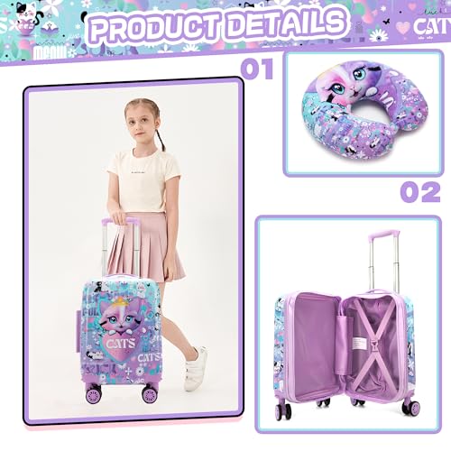 Homskiii Cute Cat Kid's Luggage Set 2 Piece Suitcase Set 16" Hardside Luggage with Spinner Wheels Girls Carry on Toddler Travel Rolling Luggage Airline Approved - Image 3