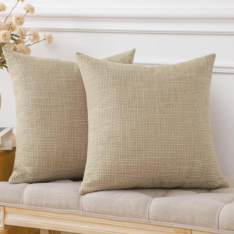 OTOSTAR Pack of 2 Throw Pillow Covers 18x18 Inch Linen Light Tan Pillowcases Farmhouse Decorative Solid Pillow Covers 45x45 cm Square Cushion Case for Home Decor Sofa Couch Bed (Light Tan) - Image 4