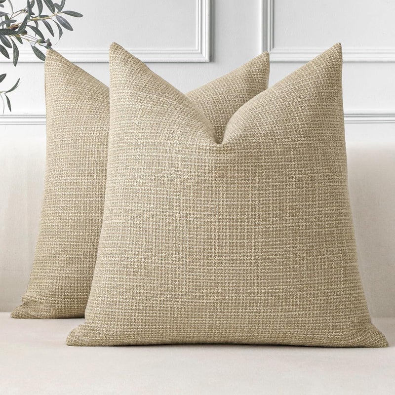 OTOSTAR Pack of 2 Throw Pillow Covers 18x18 Inch Linen Light Tan Pillowcases Farmhouse Decorative Solid Pillow Covers 45x45 cm Square Cushion Case for Home Decor Sofa Couch Bed (Light Tan) - Image 1