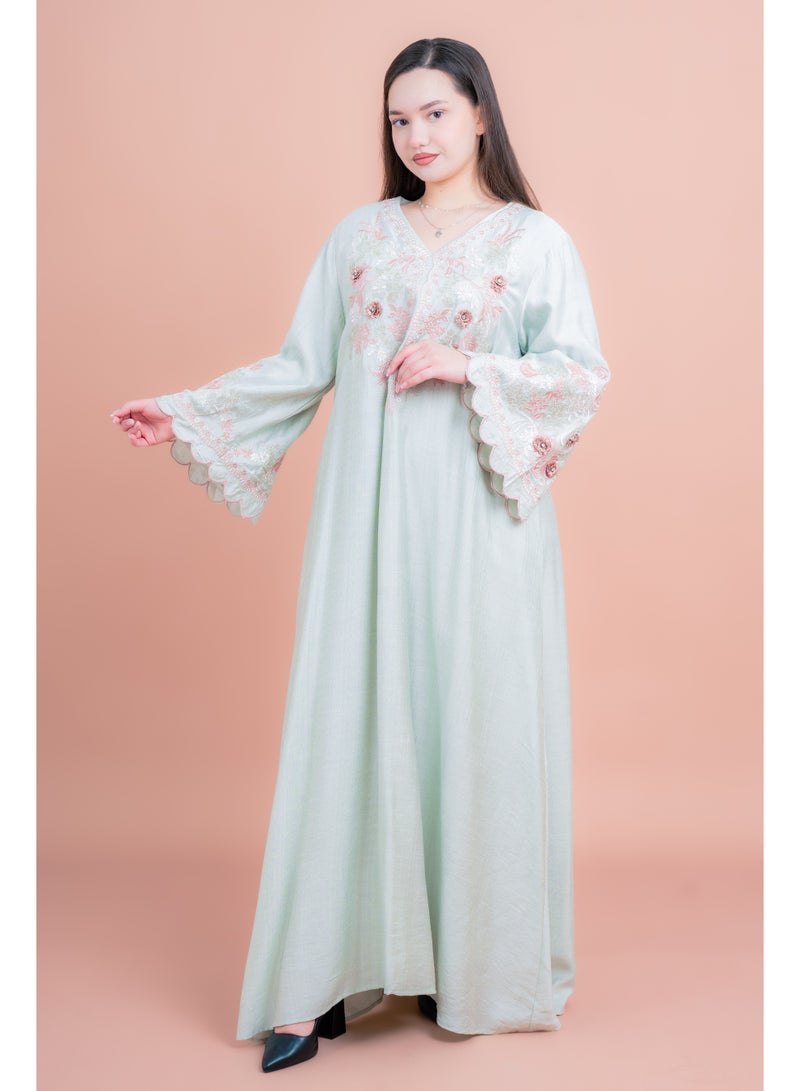 IKKXA Modern Embroidered Jalabiya IK4013 Green - Image 1