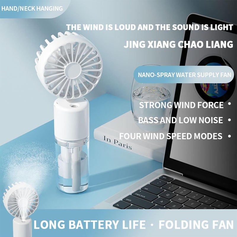 Fohome Handheld Fan Portable Fan, Rechargeable Mini Mister Fan 4 Speeds & 20ml Spray & 90°Foldable Neck Fan for Travel Camping Outdoor (white) - Image 2