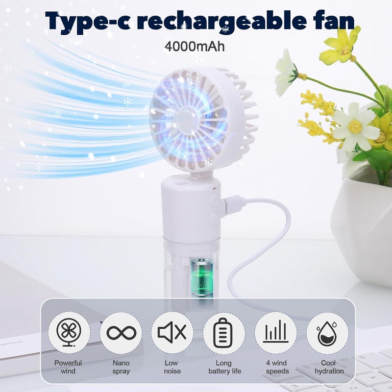 Fohome Handheld Fan Portable Fan, Rechargeable Mini Mister Fan 4 Speeds & 20ml Spray & 90°Foldable Neck Fan for Travel Camping Outdoor (white) - Image 4
