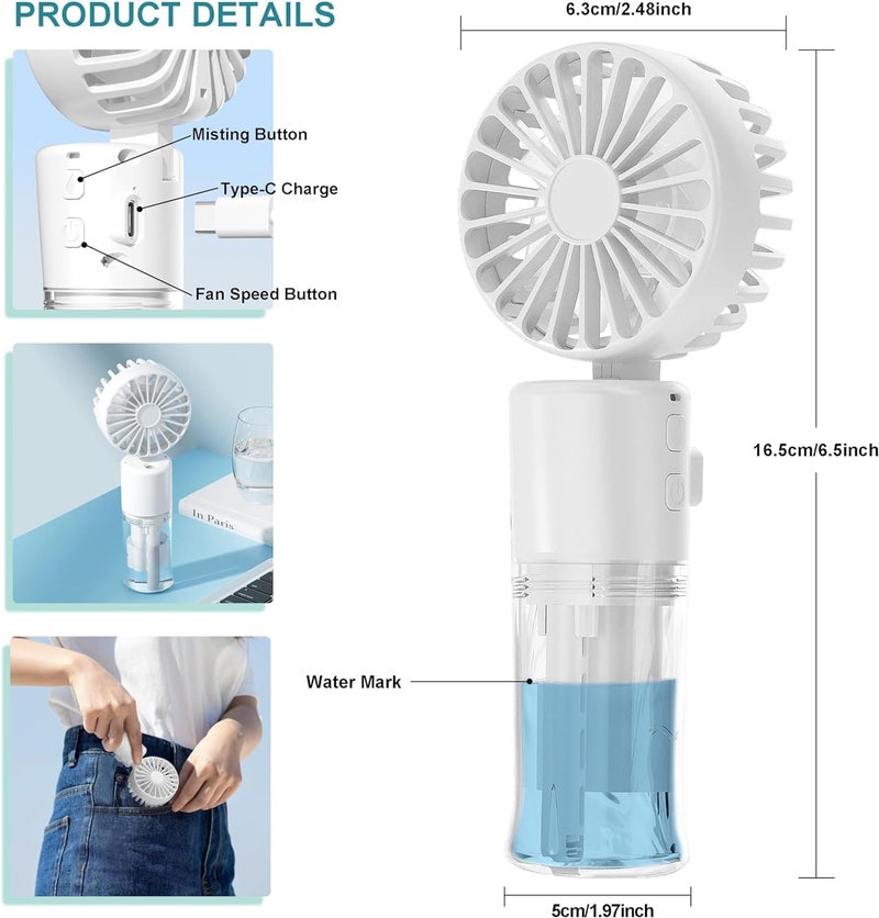 Fohome Handheld Fan Portable Fan, Rechargeable Mini Mister Fan 4 Speeds & 20ml Spray & 90°Foldable Neck Fan for Travel Camping Outdoor (white) - Image 3