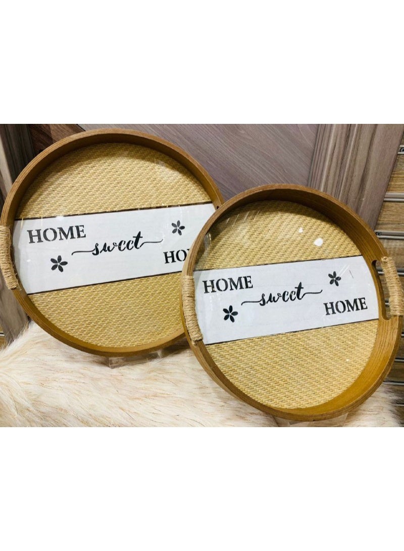 سويت هوم طقم صواني مدوره خشب 2*1 زجاج من الداخل الكبير 32cm الصغير 29cm