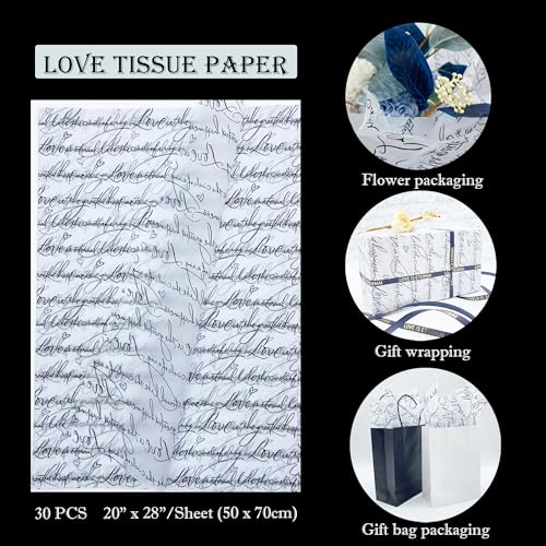 FWSA WRAPS Love Letter Printed Gift Wrapping Tissue Paper Bulk for Gifts 20 x 28 inch, Flower Wrapping Paper 30 Sheets Black and White Wedding Mother’s Valentine's Day Bridal Shower Clothes Decorative Paper - Image 2