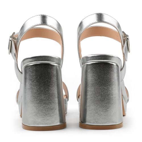 JOY IN LOVE Women's Chunky Platform High Heels Ankle Strap Block Heel Sandals Silver Matte US6.5 - Image 3