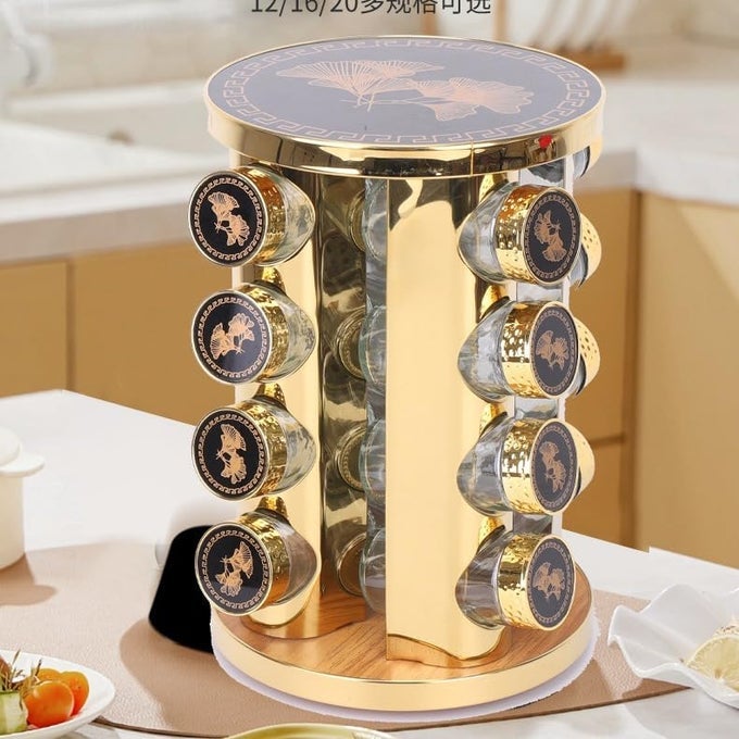 STEEL ROTATING SPICE RACK AESTHETIC SPICE RACK FOR INSIDE CUPBOARD OR FREE STANDING SPICE RACK ORGANISER INCLUDING 16 SPICE JARS WITH LIDS REVOLVING SPICE TOWER GOLDEN ROUND SPICE RACK SET