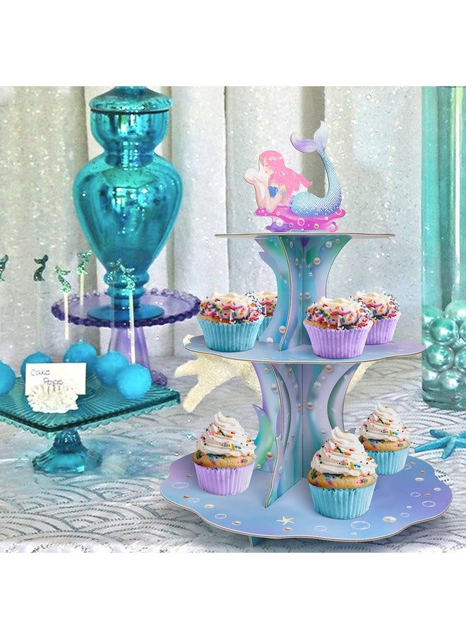 Decor365 Pink Blue Mermaid Cupcake Stand For Under The Sea Party Table Decorations Mermaid Birthday Cup Cake Decoration Ocean Beach Pool Side Birthday Party Cake Stand For Girls Birthday Party Supplies  - Image 5
