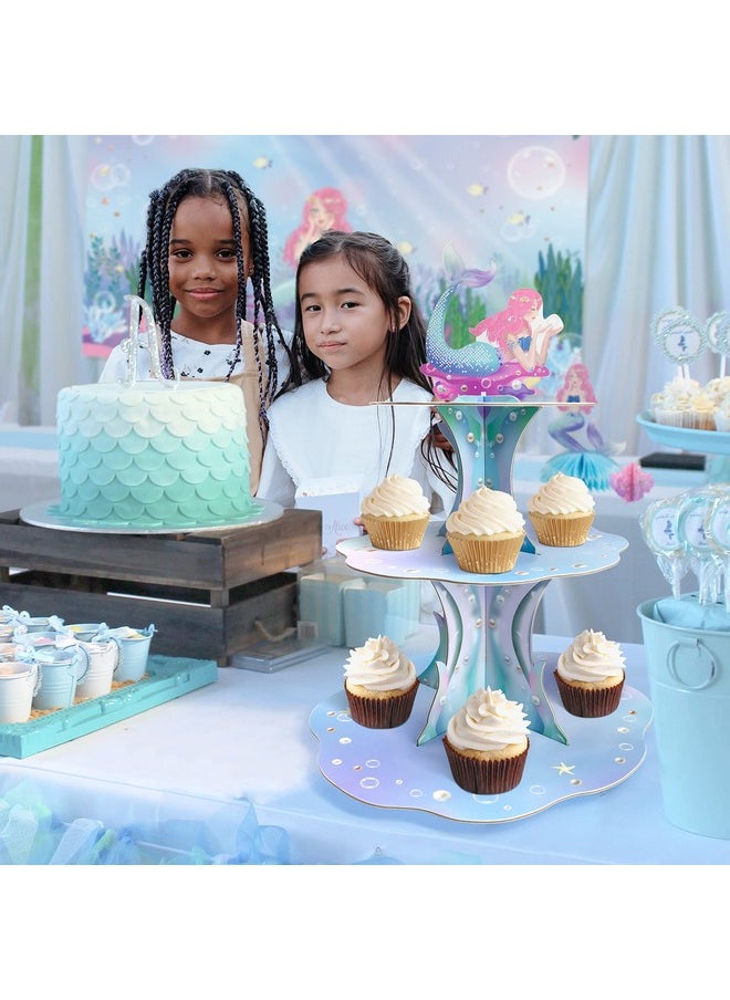 Decor365 - Pink Blue Mermaid Cupcake Stand For Under The Sea Party Table Decorations Mermaid Birthday Cup Cake Decoration Ocean Beach Pool Side Birthday Party Cake Stand For Girls Birthday Party Supplies - Image 1