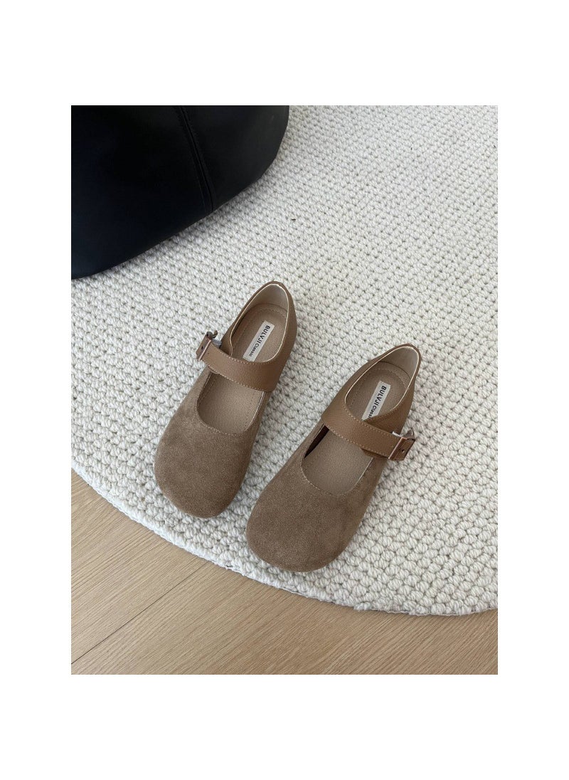 Generic - 2024 Spring Summer New Womens Soft Bottom Shallow Round Head Fairy Shoes Genuine Leather Vintage Single Shoes With One-Row Buck Camel - Image 1