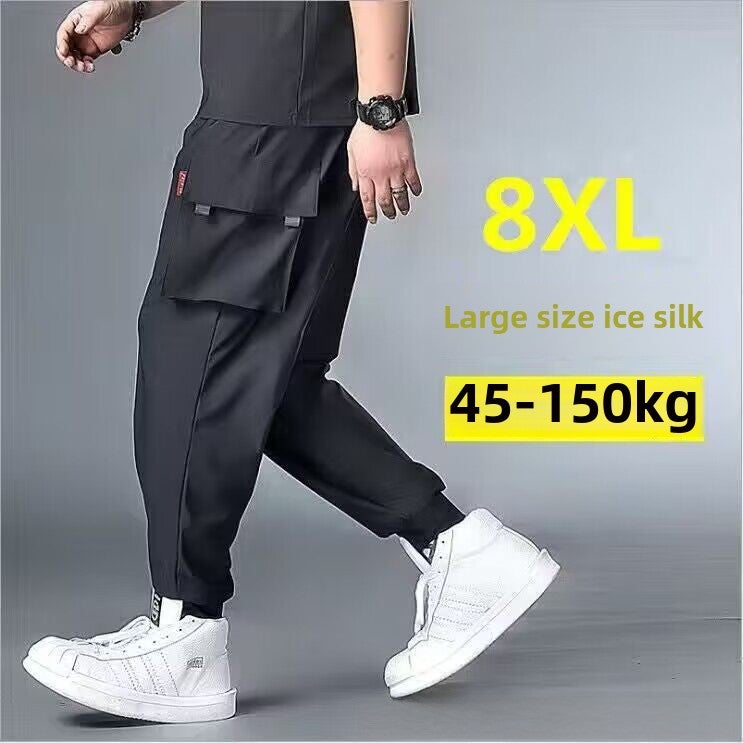 Summer Ice Silk Mens Plus-Size Casual Pants K13 Large Pocket Trousers Thin