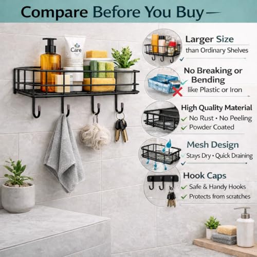 PulGos 𝟏 𝐏𝐜 Bathroom Wall Shelf with 2 Adhesive Hooks – 𝐑𝐮𝐬𝐭 𝐅𝐫𝐞𝐞 Without Drill Multipurpose Storage Rack | Space-Saving Durable Wall Stand Organizer for Kitchen, Toilet, Home & Office Use - Image 4