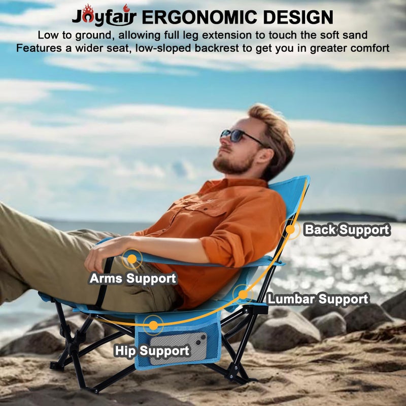Joyfair Beach Camping Chair (2 Pack), Outdoor Folding Lawn Chair for Adults, Heavy Duty Portable Chair with Armrest for Outside Fishing, Sport, Patio, Cup Holder & Storage Pocket, Carry Bag (Blue) - Image 4