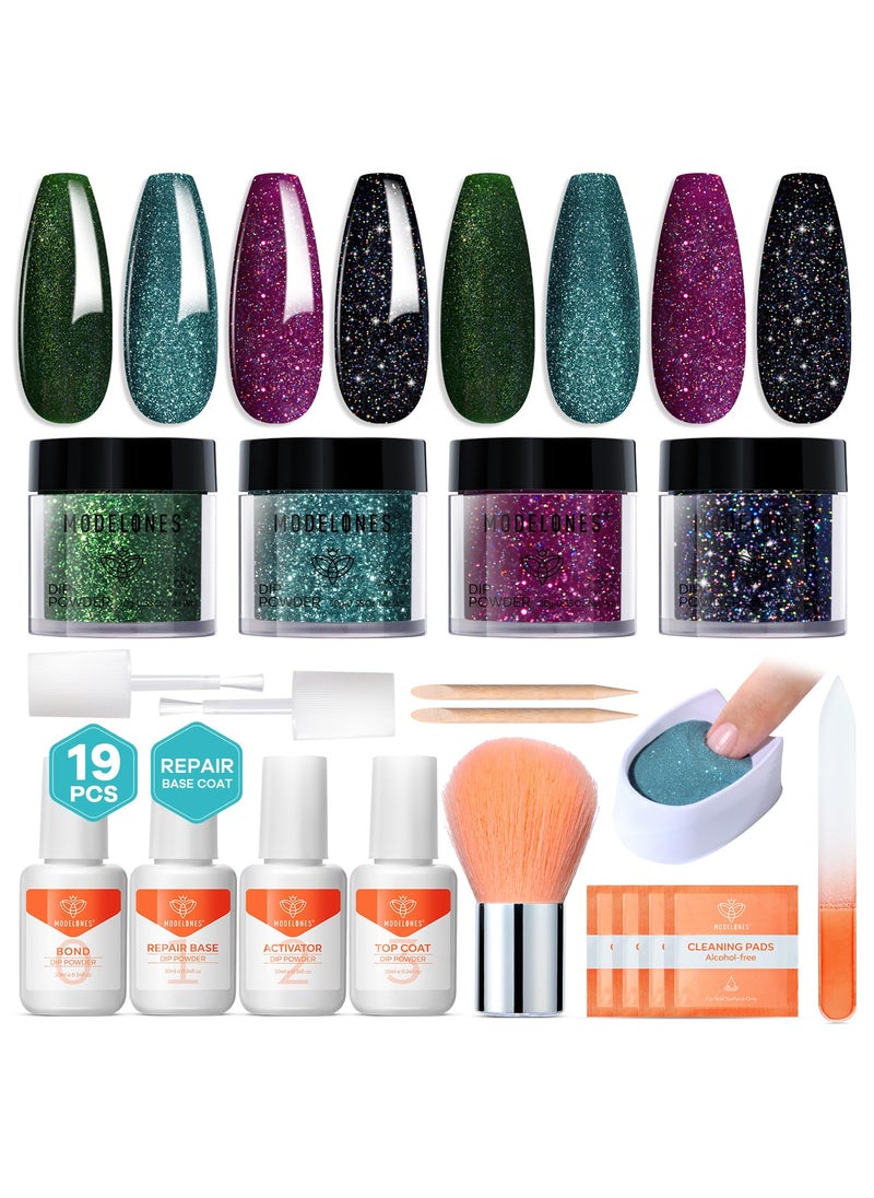 modelones - Modelones Dip Powder Nail Kit, 4 Colors Black Green Blue Purple Glitter Dipping Starter Set with Liquid and Accessories for French Nails Art Salon DIY at Home Manicure - Image 1