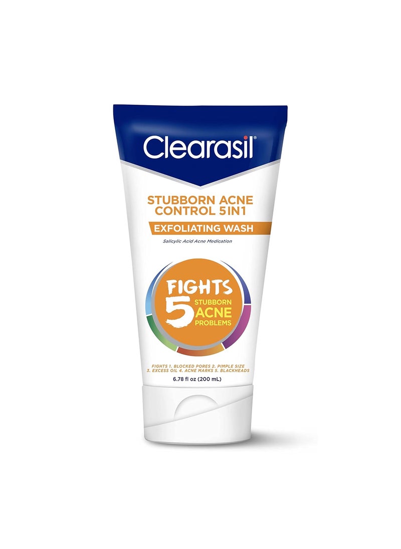 Clearasil Clearasil Stubborn Acne Control 5in1 Exfoliating Wash, Maximum Strenght with 2% Salicylic Acid Acne Treatment Medicine, Daily Acne Facial Cleanser 6.78 fl oz 