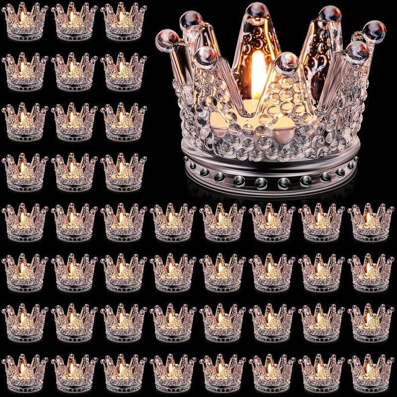 eBoot EBOOT 48 Pcs Crown Tealight Candle Holders Glass Clear Votive Holders Tealight Crystal Votive Candle Stand for Wedding Valentines Day Table Centerpieces Home DecorClear  - Image 1