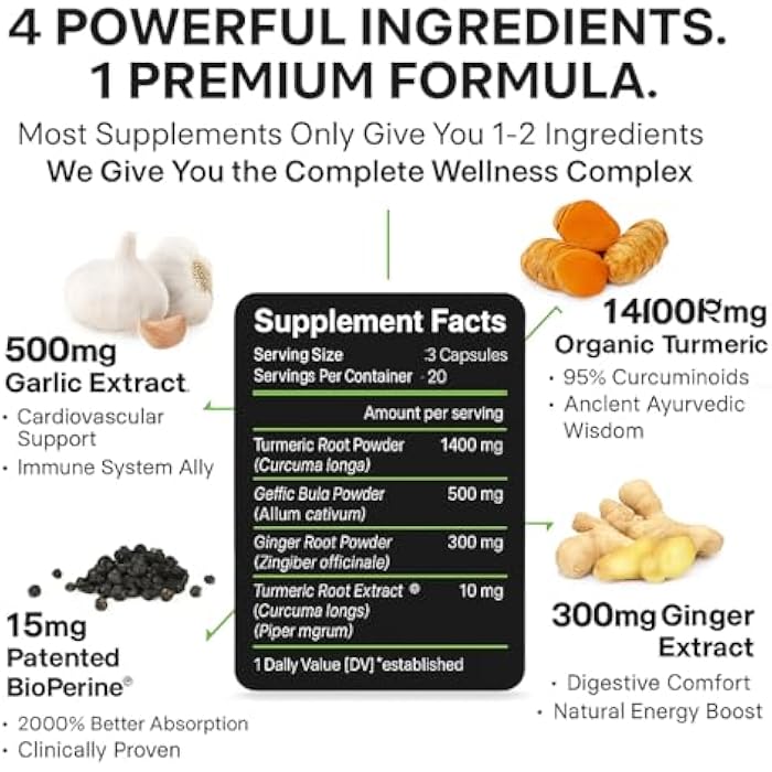 vitaxmin Turmeric Curcumin Supplement with BioPerine & Garlic - 2360mg High Potency Turmeric Ginger Root Capsules for Joint Support, Immune Health & Anti Inflammatory - 60 Veggie Caps - Image 3