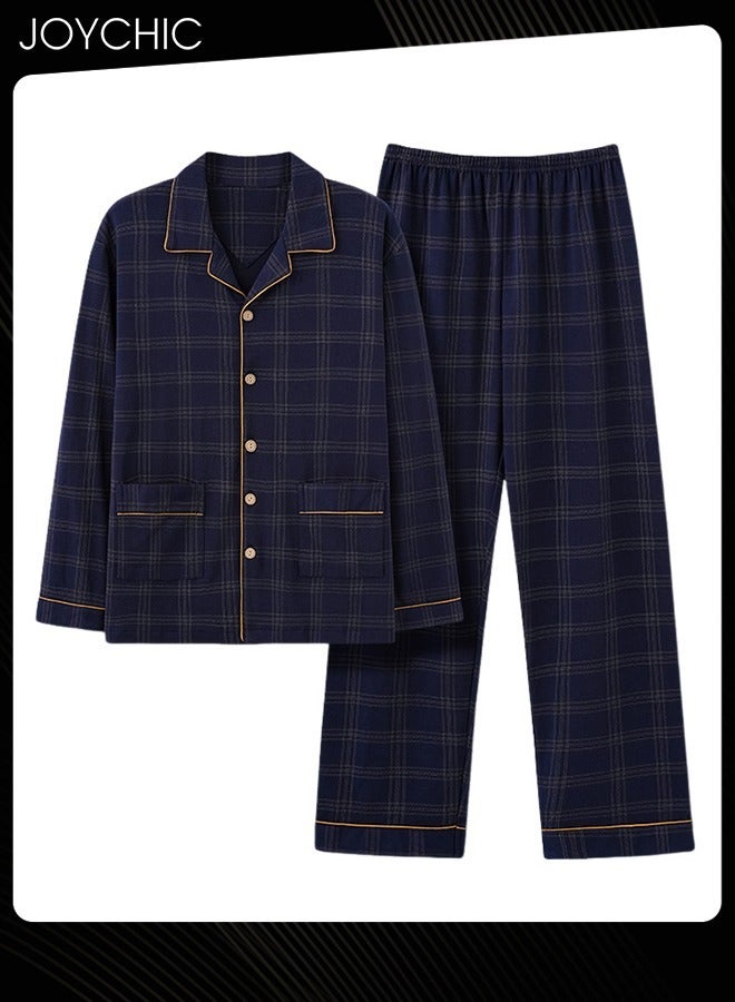 Joychic 2-Piece of  Brief Men Pajamas Set  Spring and Autumn Pure Cotton Long-sleeved Loose Neckline Design Cardigan Winter Comfortable Bedroom Sleepwear Dark Blue - Image 3