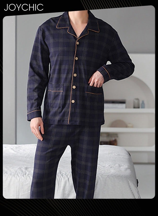Joychic 2-Piece of  Brief Men Pajamas Set  Spring and Autumn Pure Cotton Long-sleeved Loose Neckline Design Cardigan Winter Comfortable Bedroom Sleepwear Dark Blue - Image 1