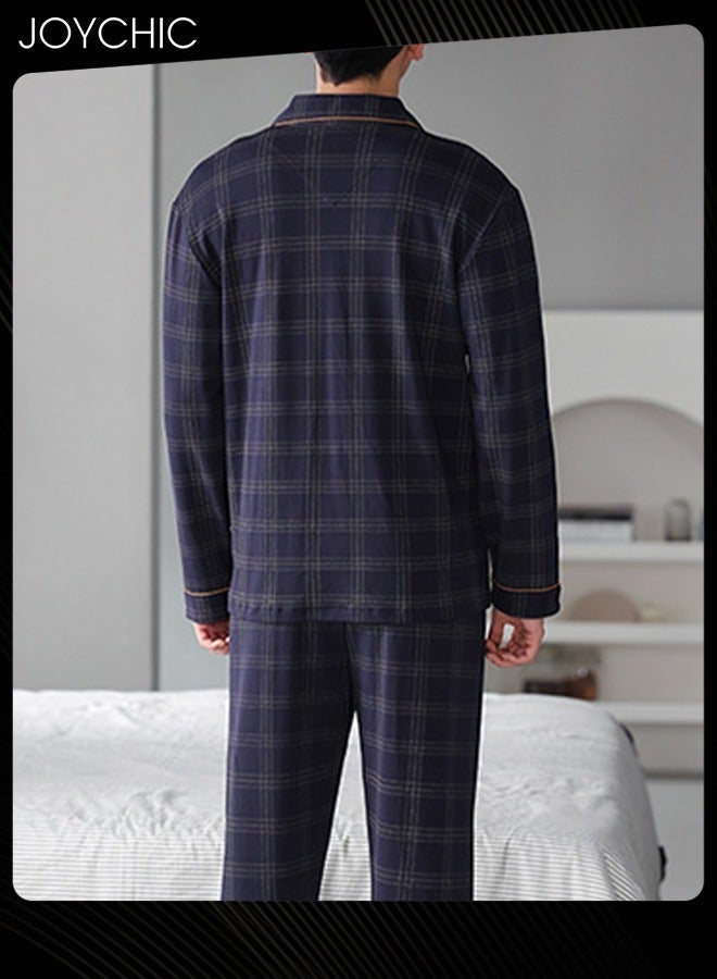 Joychic 2-Piece of  Brief Men Pajamas Set  Spring and Autumn Pure Cotton Long-sleeved Loose Neckline Design Cardigan Winter Comfortable Bedroom Sleepwear Dark Blue - Image 2