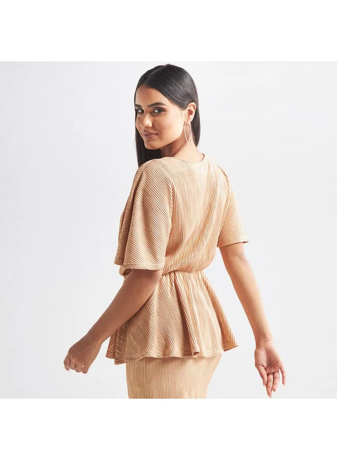 Splash FAV Textured V-neck Peplum Top with Extended Sleeves