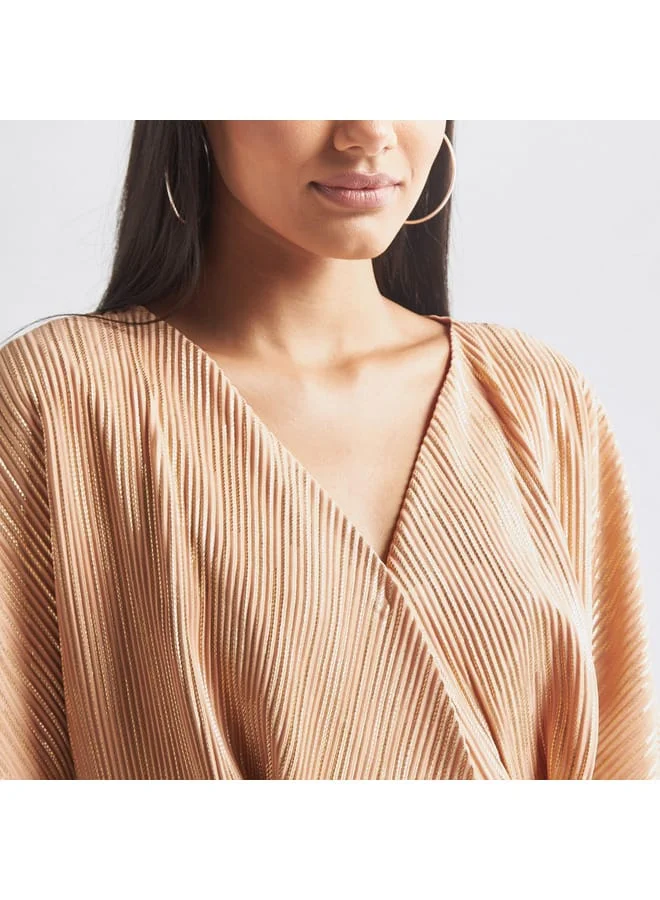 Splash FAV Textured V-neck Peplum Top with Extended Sleeves