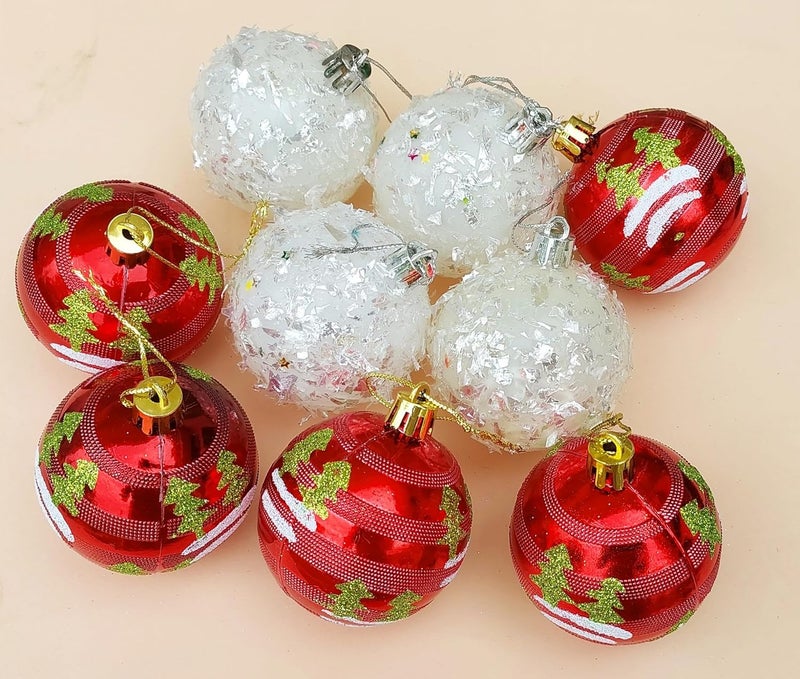 Partunay Set of 6 Pcs Red and Snow White Balls Christmas Xmas Tree Hanging Ornaments Xmas Christmas Decoration Item Christmas Ornaments - Image 1