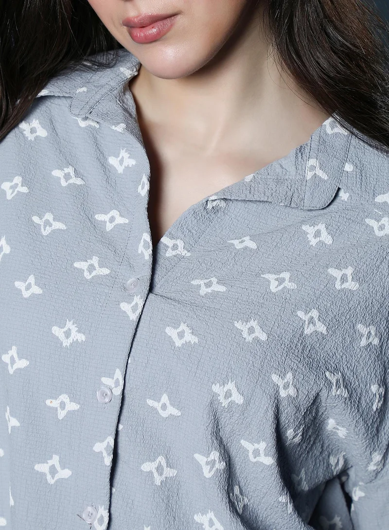 PINACOLADA  Women's Baby Blue Floral-Tactile Oversized Shirt | نساء | أكمام طويلة | طبعة تجريدية | طوق منتشر | كاجوال كبير الحجم | قميص for Women | Best Price UAE