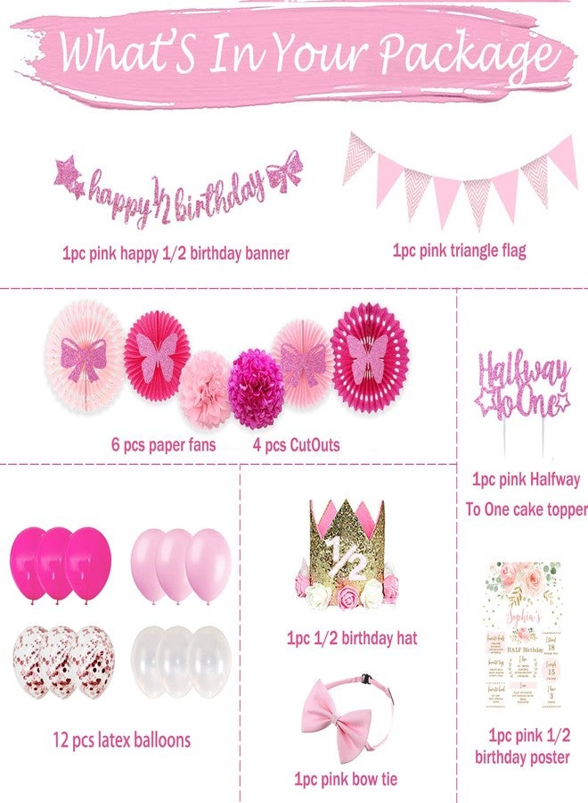 Hombae Half Birthday Decorations Baby Girl, Hombae 12 Birthday Decorations Supplies, 6 Months Birthday Decorations, Pink Rose Gold Glitter Half Birthday Banner with Triangle Flag Banner, 12 Birthday Hat - Image 2