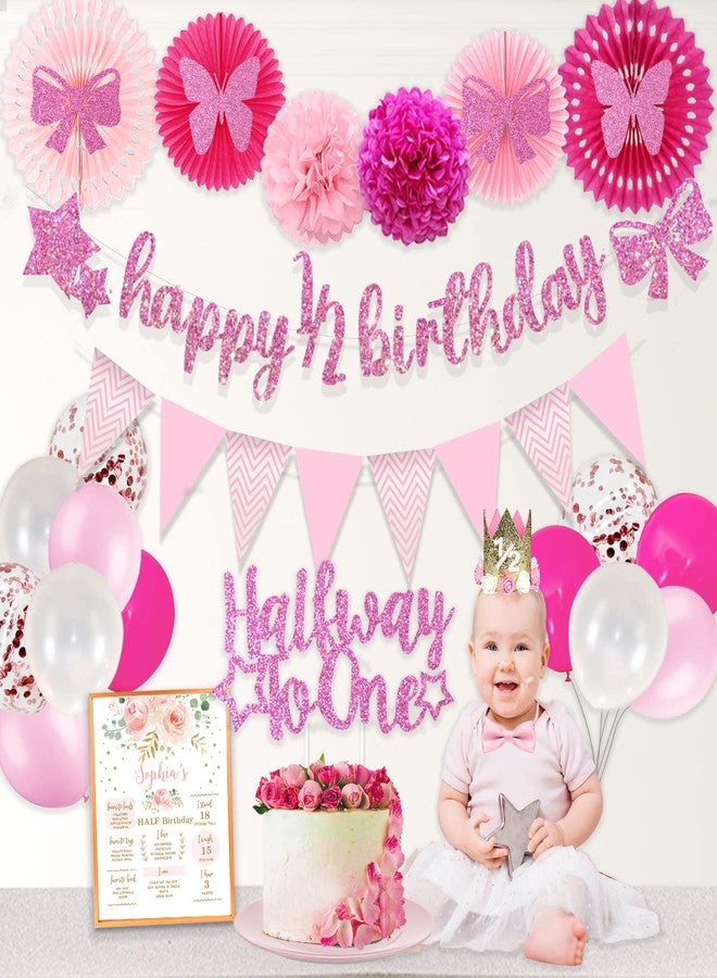 Hombae Half Birthday Decorations Baby Girl, Hombae 12 Birthday Decorations Supplies, 6 Months Birthday Decorations, Pink Rose Gold Glitter Half Birthday Banner with Triangle Flag Banner, 12 Birthday Hat - Image 1