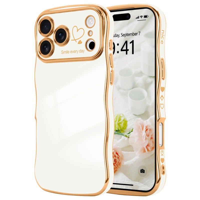 LCHULLE for iPhone 17 Pro Max Case for Women Girls, Cute Wave Frame Curly Shape with Love Heart Pattern Raised Camera Protection Cover Luxury Plating Shockproof Phone Case for iPhone 17 Pro Max, White - Image 1