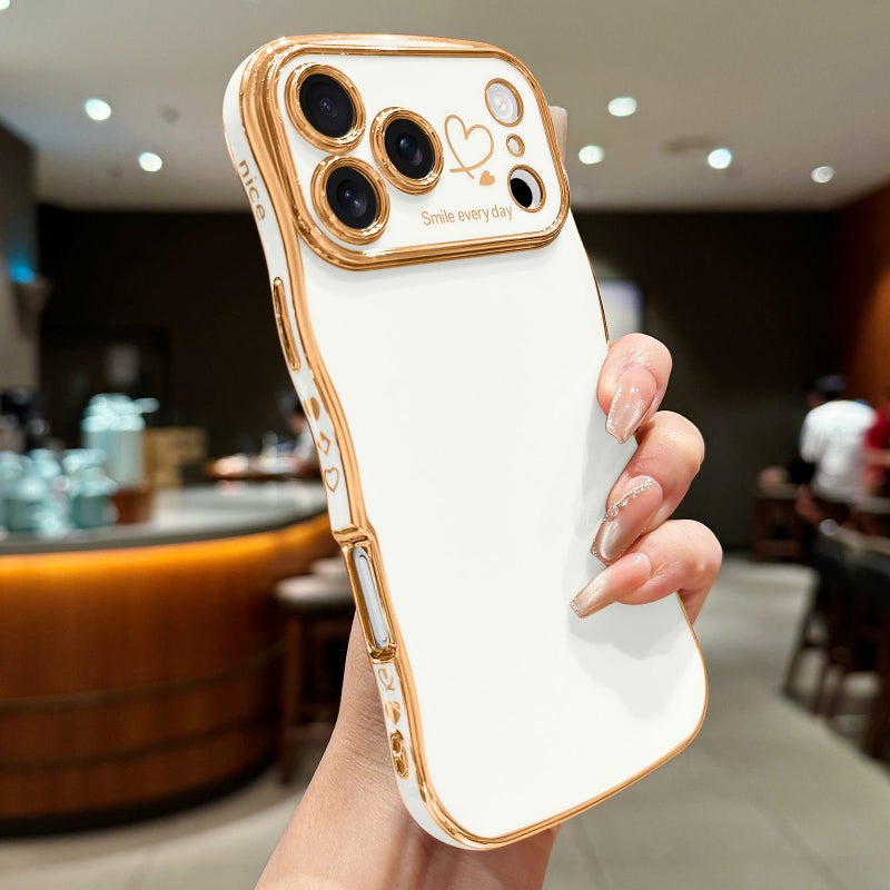 LCHULLE for iPhone 17 Pro Max Case for Women Girls, Cute Wave Frame Curly Shape with Love Heart Pattern Raised Camera Protection Cover Luxury Plating Shockproof Phone Case for iPhone 17 Pro Max, White - Image 2