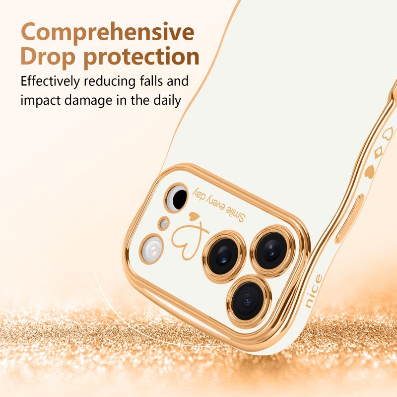 LCHULLE for iPhone 17 Pro Max Case for Women Girls, Cute Wave Frame Curly Shape with Love Heart Pattern Raised Camera Protection Cover Luxury Plating Shockproof Phone Case for iPhone 17 Pro Max, White - Image 3