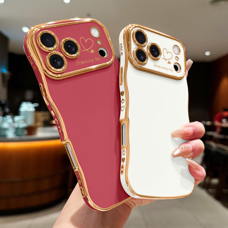LCHULLE for iPhone 17 Pro Max Case for Women Girls, Cute Wave Frame Curly Shape with Love Heart Pattern Raised Camera Protection Cover Luxury Plating Shockproof Phone Case for iPhone 17 Pro Max, White - Image 5