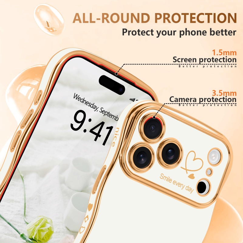 LCHULLE for iPhone 17 Pro Max Case for Women Girls, Cute Wave Frame Curly Shape with Love Heart Pattern Raised Camera Protection Cover Luxury Plating Shockproof Phone Case for iPhone 17 Pro Max, White - Image 4